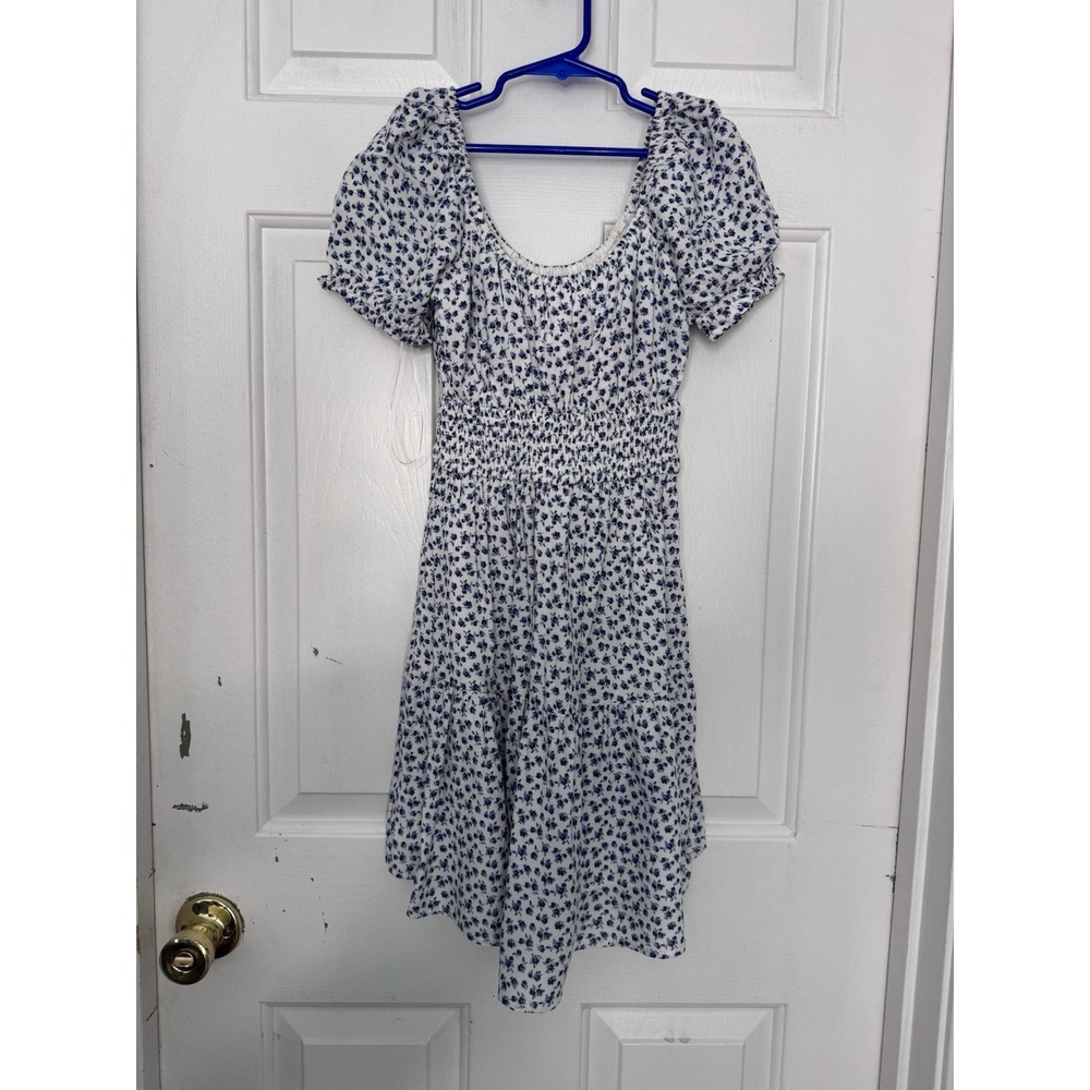 Hollister XXS Blue White Floral Smocked Puff Sleeve Mini Dress Cottagecore